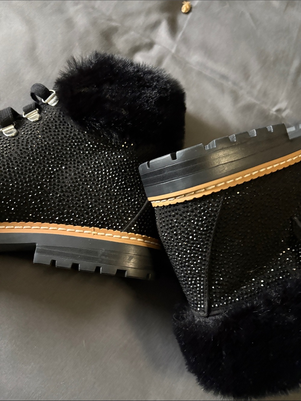 INC International Concepts Black Crystal Lace-Up Faux Fur Ankle Boots - Picture 4 of 5